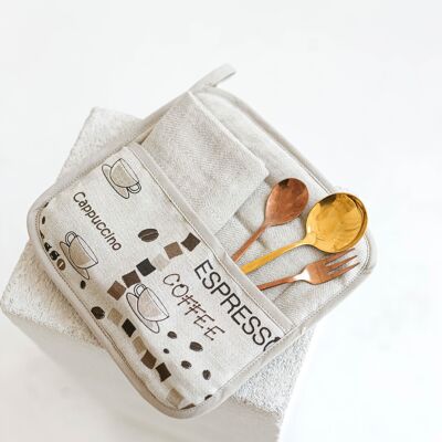 Multipurpose Kitchen Set with Coffee Print • Quilted Coaster with Pocket and Two Tea Towels • Double Layered Pot Holder