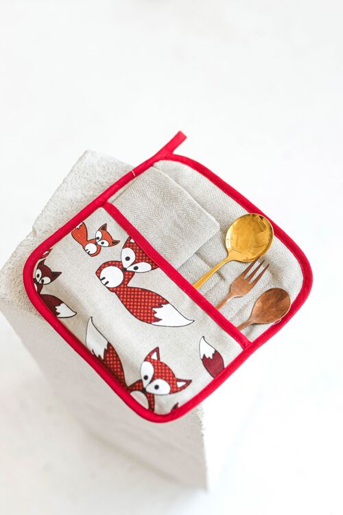 Multipurpose Kitchen Set with Fox Family • Quilted Coaster with Pocket and Two Tea Towels • Double Layered Pot Holder