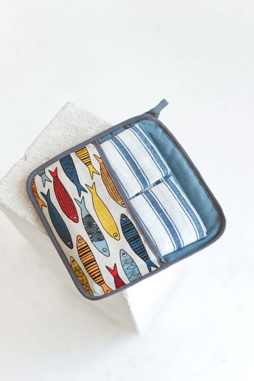 Multipurpose Kitchen Set with Sardines • Quilted Coaster with Pocket and Two Tea Towels • Double Layered Pot Holder