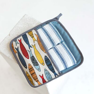 Juego de cocina multiusos con sardinas • Posavasos acolchado con bolsillo y dos paños de cocina • Portaollas de doble capa