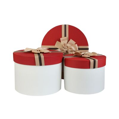 Set of 3 Round, White Gift Box, Red Lid & Brown Ribbon