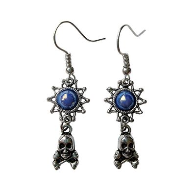 Boucles d'oreilles mini tête de mort et os croisés - Bleu