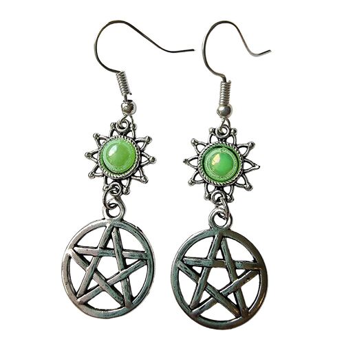 Silver Pentagram Earrings - Green