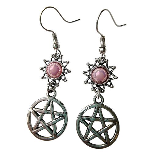 Silver Pentagram Earrings - Pink