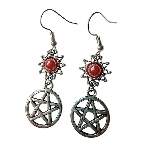 Silver Pentagram Earrings - Red