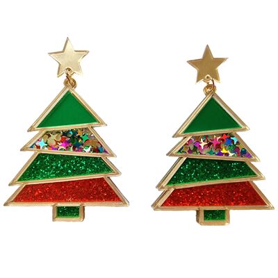 Riesige Glitzer-Weihnachtsbaum-Ohrringe
