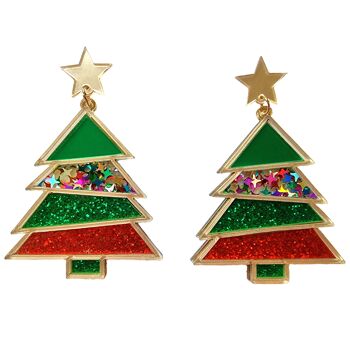 Boucles d'Oreilles Sapin de Noël Géant à Paillettes