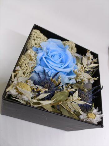 rose éternelle bleu dans boite à paillette argenté 2