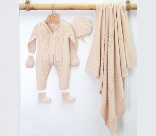 Organic Cotton Knitwear Heart Design Babyshower Set-OMP#7029N-Beige