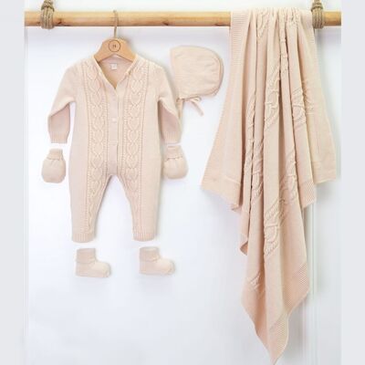 Set baby shower con motivo a cuori in maglia di cotone biologico-OMP#7029N-Beige