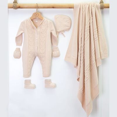 Organic Cotton Knitwear Heart Design Babyshower Set-OMP#7029N-Beige