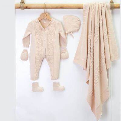 Organic Cotton Knitwear Heart Design Babyshower Set-OMP#7029N-Beige