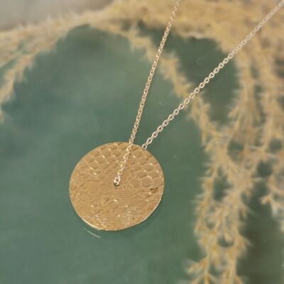 Dance mid-length necklace with sliding disc with lace print, gilded with fine champagne gold