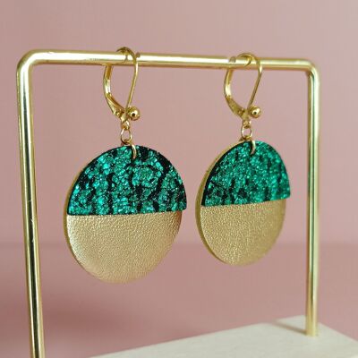 MOON OR earrings in metallic green leather and gold leather