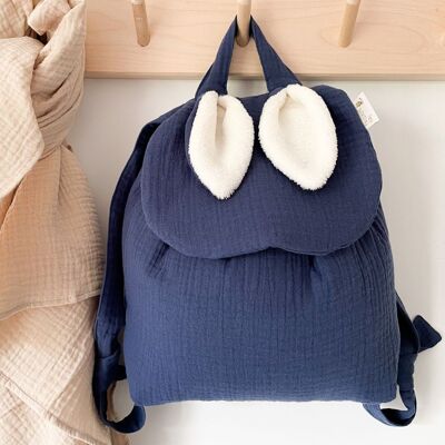 Children's backpack with rabbit ears and indigo blue double gauze