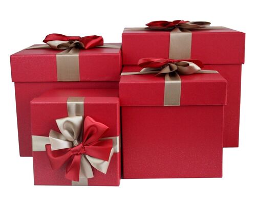 Set of 4, Red Gift Box, Gold Red Ribbon