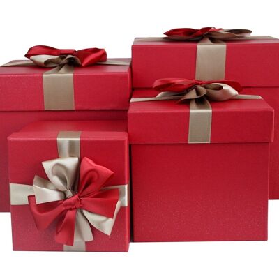 Set of 4, Red Gift Box, Gold Red Ribbon