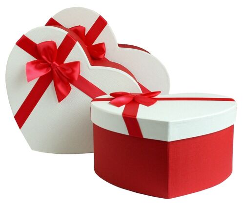 Set of 3 Heart, Red Gift Box, White Lid, Satin Bow