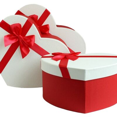 Set of 3 Heart, Red Gift Box, White Lid, Satin Bow
