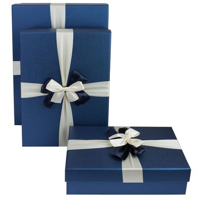 Set of 3, Blue Gift Box with Lid, Cream Blue Satin Ribbon