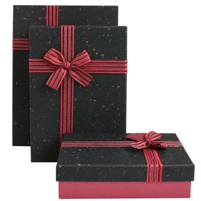 Set of 3, Burgundy Gift Box with Black Lid, Striped Ribbon