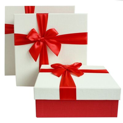 Set of 3, Red Gift Box, White Lid, Red Satin Ribbon