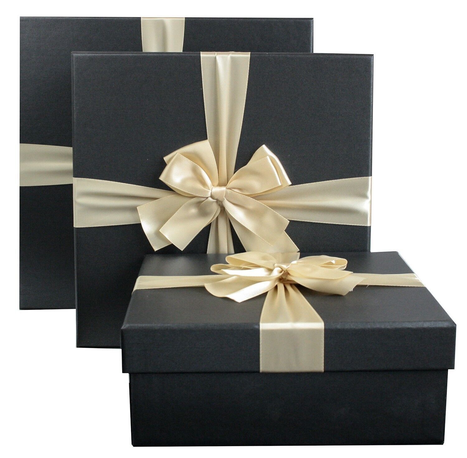 Set of 3, Black Gift Box, Black Lid, Gold Satin Ribbon