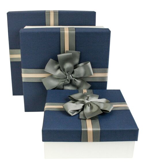 Set of 3, Cream Gift Box with Blue Lid, Grey Brown Ribbon