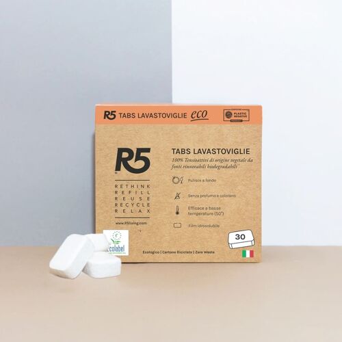 R5 Eco Tabs per Lavastoviglie - 30 tabs = 30 lavaggi - agisce a basse temperature - MADE IN ITALY