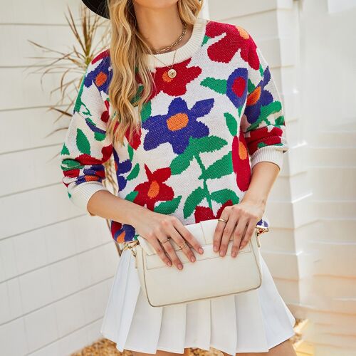 Colorful Flower Jacquard Knitted Crewneck Sweater