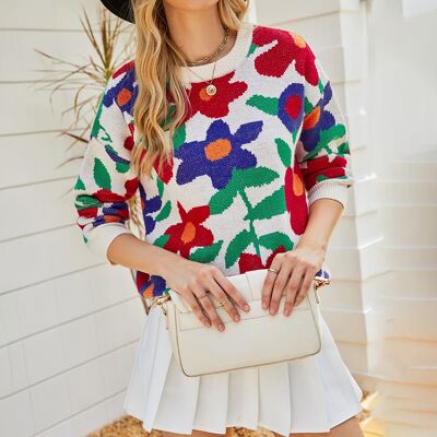 Suéter de cuello redondo de punto jacquard con flores de colores