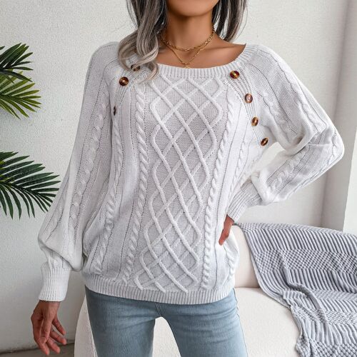 Square Neck Buttoned Cable Knit Sweater