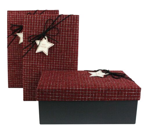 Set of 3 Rectangle, Black Gift Box, Red Lid, Suede Ribbon
