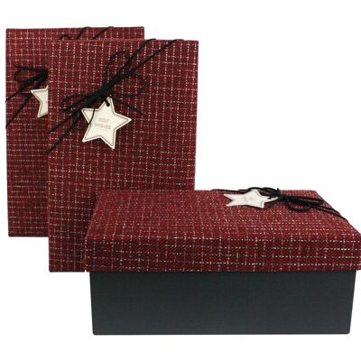 Set of 3 Rectangle, Black Gift Box, Red Lid, Suede Ribbon