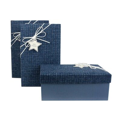 Set of 3 Rectangle, Blue Gift Box, Blue Lid, Suede Ribbon