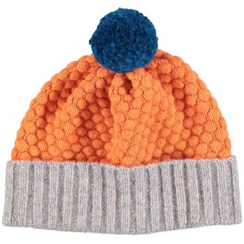 Bonnets & Bonnets Laine d'Agneau Enfant - BOBBLE HAT - nid d'abeille AGE 2-4 ANS - orange & béton 2