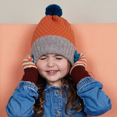 Berretti in lana d'agnello e berretti con pompon per bambini - BOBBLE HAT - nido d'ape ETÀ 2-4 ANNI - arancione e cemento