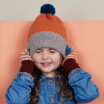 Bonnets & Bonnets Laine d'Agneau Enfant - BOBBLE HAT - nid d'abeille AGE 2-4 ANS - orange & béton 1