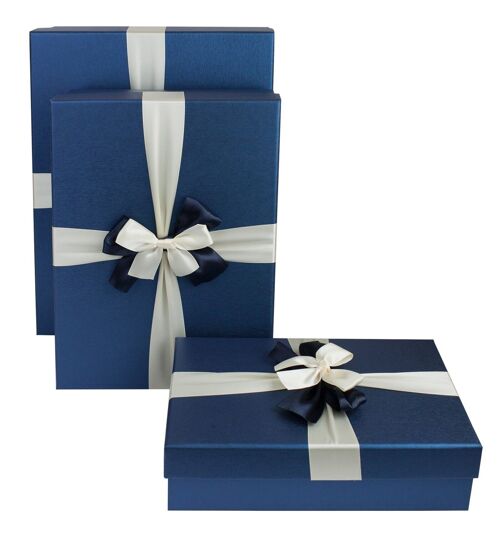 Set of 3 Blue Gift Box with Lid, Blue Cream Satin Ribbon