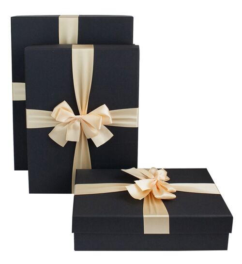 Set of 3 Gift Box, Black Box with Lid, Cream Ribbon