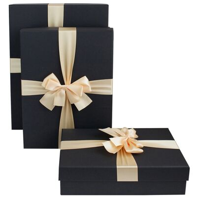 Set of 3 Gift Box, Black Box with Lid, Cream Ribbon