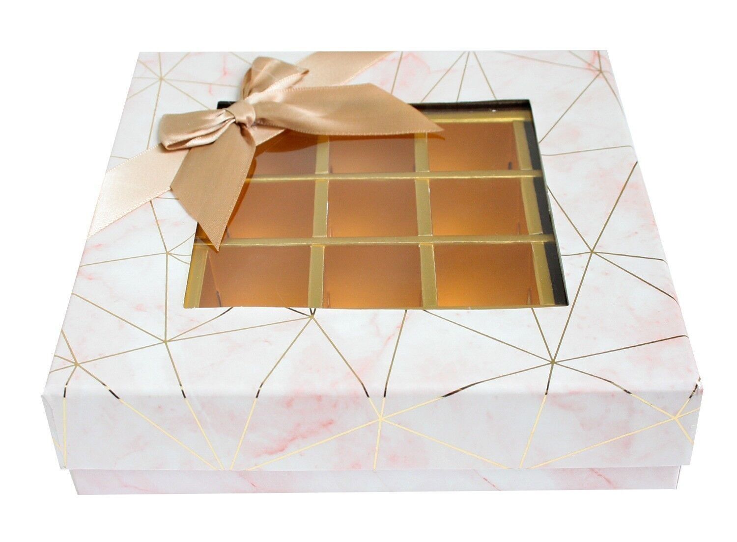 Trufa Cuadrada 25 Compartimentos, Estampado Mármol Rosa, Lazo Beige