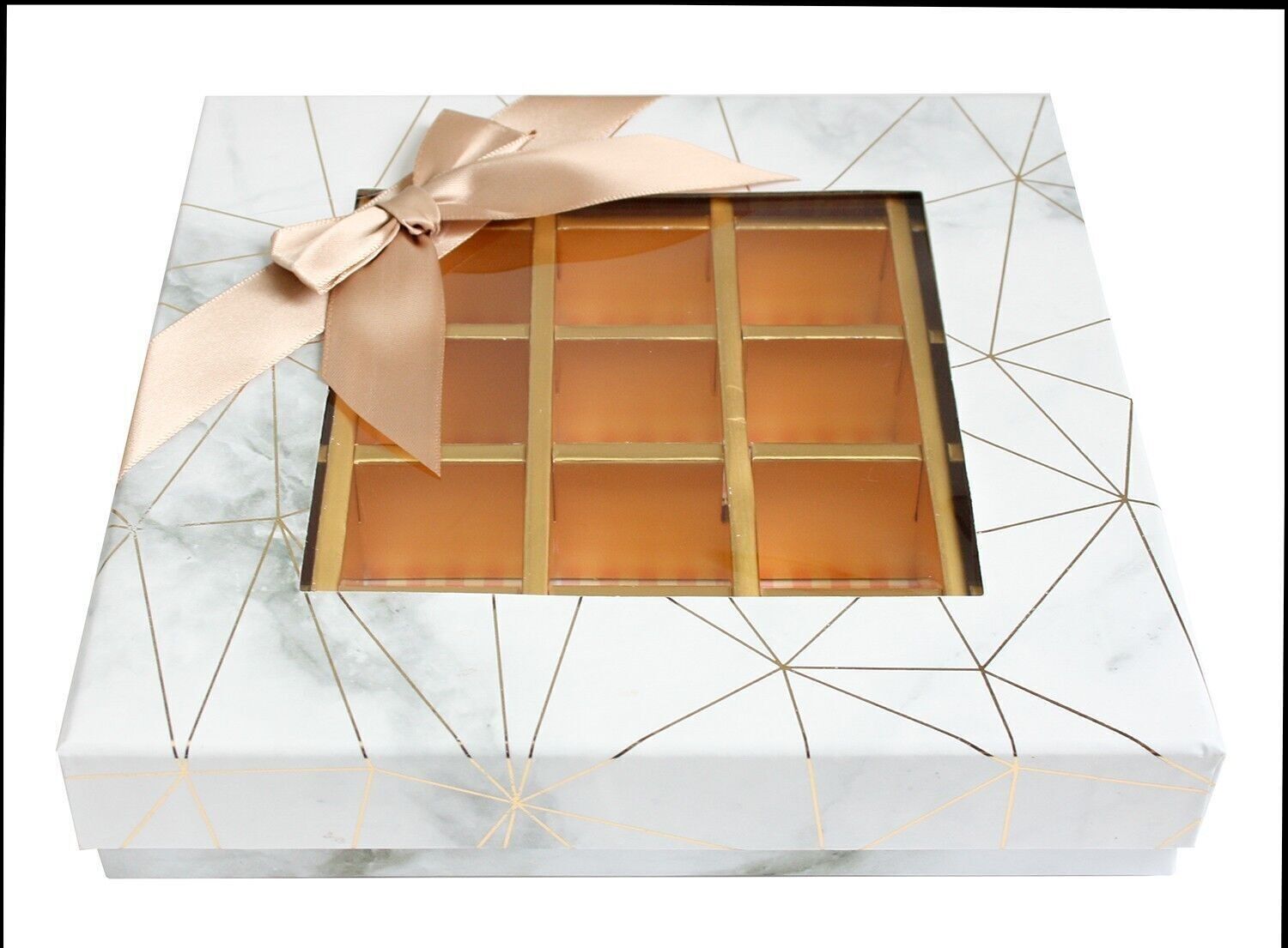 Quadratischer Trüffel mit 25 Fächern, weißer Marmordruck, beige Schleife