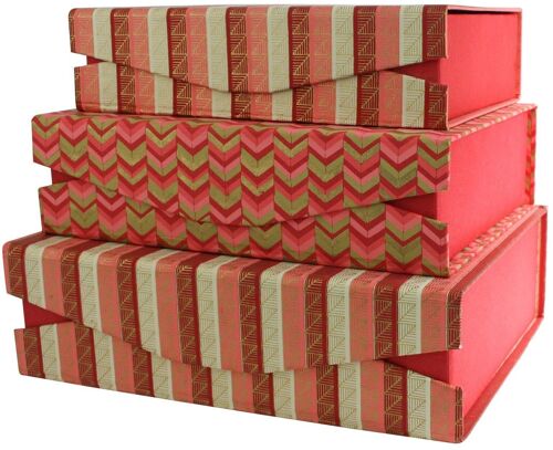 Set of 3 Rectangle Handmade Paper, Printed Red Pink Gold..