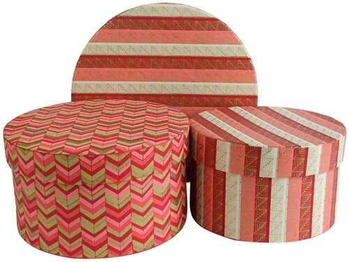 Set of 3 Round Handmade Cotton Paper, Printed Red Pink Gold