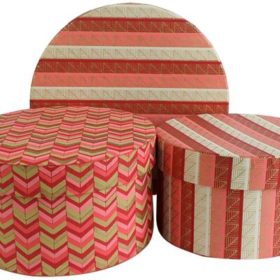 Set of 3 Round Handmade Cotton Paper, Printed Red Pink Gold