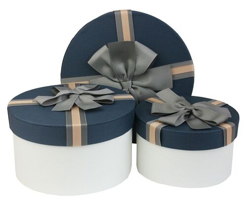 Set of 3 Round, White with Blue Lid & Striped Brown Ribbon