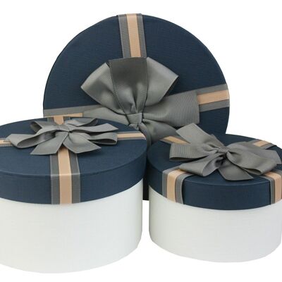 Set of 3 Round, White with Blue Lid & Striped Brown Ribbon