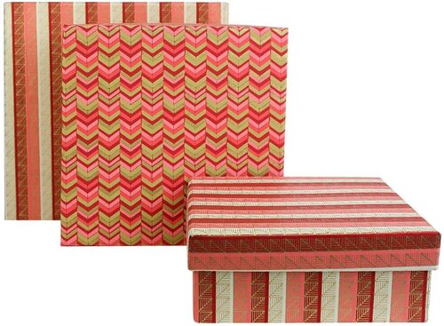 Set of 3 Square Handmade Cotton Paper, Printed Red Pink Gold