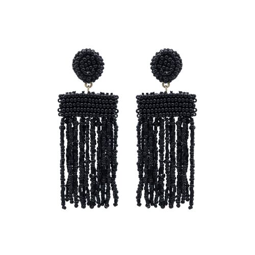 Short Black Beaded Bar Tassel Earrings